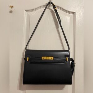 Chic Black Leather Shoulder  Bag with Gold Accents